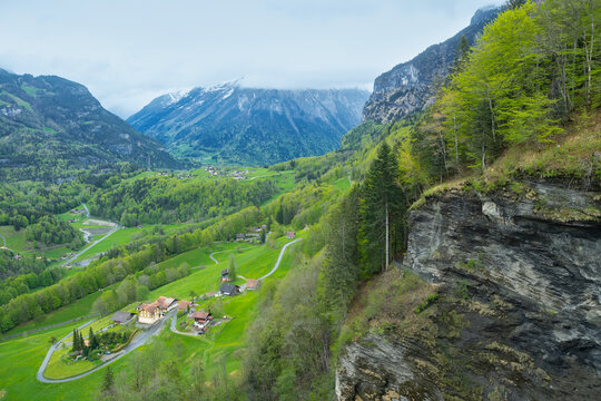 View from a waterfall Reichenbach. Reichenbach Waterfall. The Reichenbach Falls are a waterfall cascade of seven steps on the stream. Meiringen, Switzerland