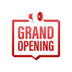 Megaphone label with grand opening. Megaphone banner. Web design. Vector stock illustration.