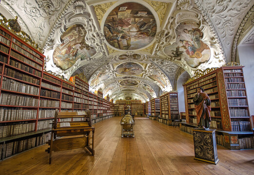 Prague, Czech Republic - December 16, 2019: Library of Strahov Monastery (Strahovsky Klaster) interior of One of the most beautiful libraries in the world