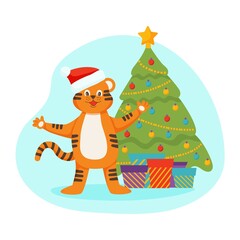 The character is a tiger cub in a Santa Claus hat near a Christmas tree with gifts. Flat cartoon vector illustration