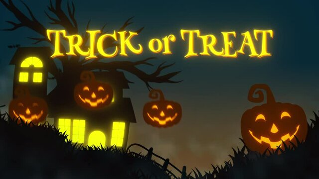 Animated Halloween Trick Or Treat Illustration With Jumping Pumpkin, Big House, And Bats Flying Around. Suitable For Title, Intro Video For Halloween Event