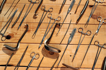 Old metal obstetric, gynecological and urological instruments