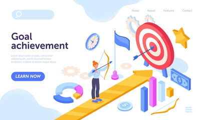 Fototapeta na wymiar Young female intrepreneur is shooting circular targets with bow and arrows. Goal achievement, business competition. Website, web page, landing page template. Isometric cartoon vector illustration