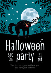 Bright Halloween party flyer. Silhouettes of cats and plants on the background of the moon. For advertising banner, poster, flyer