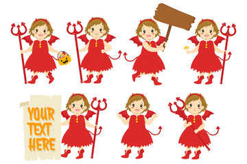Cute Halloween red devil girl character and elements vector set