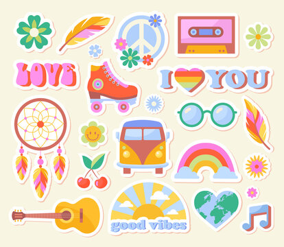 Set of hippie retro vintage icons in 70s-80s style on pastel yellow background. Collection of cute colorful vintage stickers for hippie era lovers. Flat cartoon vector illustration