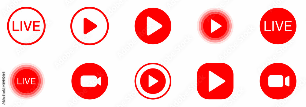 Poster live streaming icon set. live icon. online stream. video play. red symbols and buttons of live strea