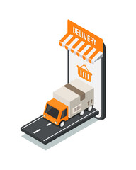 Delivery concept. Truck leaving the smartphone. Smartphone in the form of a store. Online Store. Vector illustration isolated on white background.