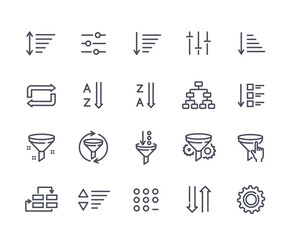 Set of sorting and filtering related linear icons on white background. Templates of data processing, structure order, digital management and other icons for business. Flat cartoon vector illustration