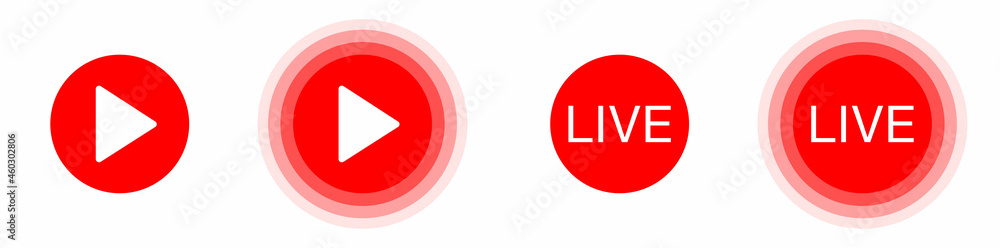 Poster live streaming icon set. live icon. online stream. video play. red symbols and buttons of live strea