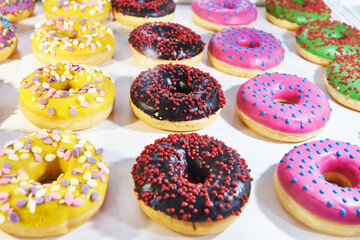 Colored donuts on shop window