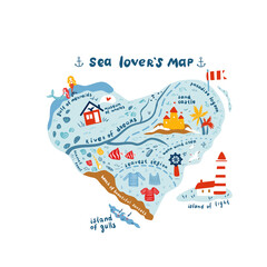 Cartoon vector map of one who is in love with sea, hand drawn decorative ocean background, doodle illustration marine life, sea heart design travel fantasy wallpaper isolated on white for play kids