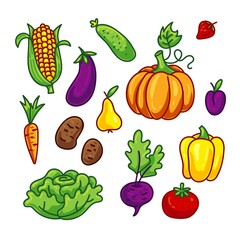 Cartoon vegetable set. Bundle - cute pumpkin, corn, cabbage cucumber, carrot, tomato, pepper, strawberry, pear, plum, potato, beet for kids. Vector food illustration isolated on white background.