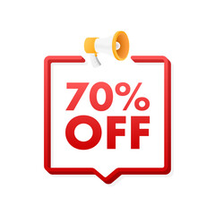 70 percent OFF Sale Discount Banner with megaphone. Discount offer price tag. 70 percent discount promotion flat icon. Vector illustration.