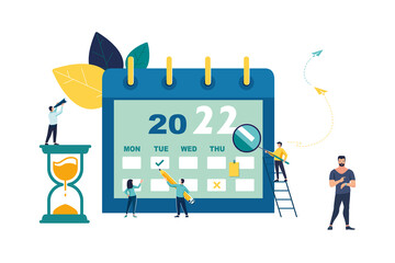 People are planning a business in the calendar for 2022. Planner. Teamwork, search for new ideas, monthly plan, vacancies, ideas. Characters of little people. Vector illustration, green flat design