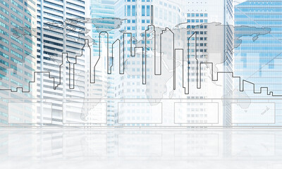 Obraz premium Concept of global communication and networking with world map over cityscape