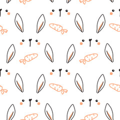 Seamless pattern with rabbit face cartoons and carrots on white background vector illustration.