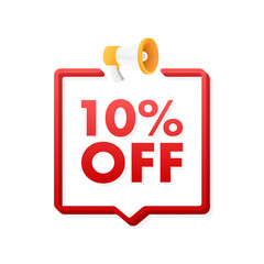 10 percent OFF Sale Discount Banner with megaphone. Discount offer price tag. 10 percent discount promotion flat icon. Vector illustration.