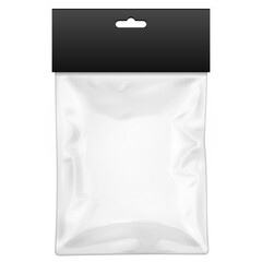 Mockup Black Blank Plastic Pocket Bag With Shadow. Transparent. With Hang Slot. Illustration Isolated On White Background. Mock Up Template Ready For Your Design. Vector EPS10