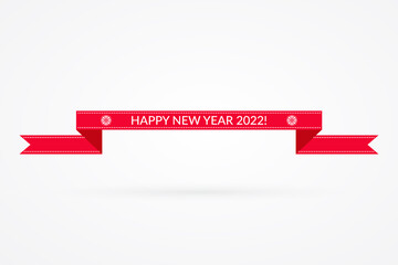 2022 Happy New Year ribbon illustration. Winter holiday decoration vector symbol. Isolated red and white sign. Decorative icon with snowflakes for celebration