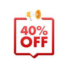 40 percent OFF Sale Discount Banner with megaphone. Discount offer price tag. 40 percent discount promotion flat icon. Vector illustration.