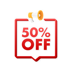 50 percent OFF Sale Discount Banner with megaphone. Discount offer price tag. 50 percent discount promotion flat icon. Vector illustration.