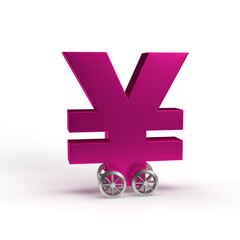 Obraz premium Purple yen currency symbol on wheels as a car on a white isolated background.
