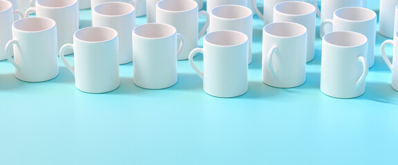 Coffee break concept. Several white coffee mugs on a turquoise board. Web banner format with copy...