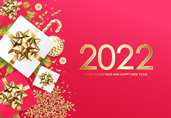 Obraz na płótnie Canvas 2022 Merry Christmas and Happy New Year banner with gift boxes, golden glitter snowflakes, balls, fir tree, candys and confetti on red background. Vector ilustration.