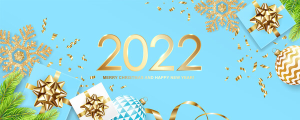 Fototapeta na wymiar 2022 Merry Christmas and Happy New Year banner with gift boxes, golden glitter snowflakes, balls, fir tree and confetti on blue background. Vector ilustration.