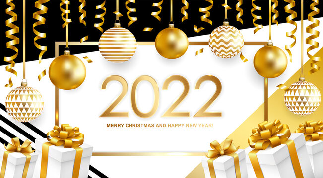 2022 Merry Christmas and Happy New Year card with balls, gifts and serpentine on geometric background. Vector illustration.