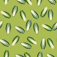 Seamless pattern Chicory cabbage on green background. Modern ornament with lettuce.