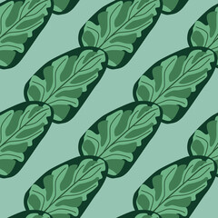 Seamless pattern Spinach salad on blue striped background. Abstract ornament with lettuce.