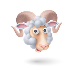 Ram Head with Curls and Horns. Funny Sheep or Ram on White Background. Cartoon Illustration for Funny Animals for Kids Book