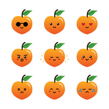Set, collection, pack of peach emoji, vector cartoon style icons of peach fruits characters with different facial expressions, happy, sad, shining, joyful.