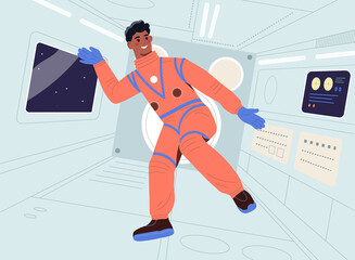 Obraz premium Happy weightless male astronaut is floating inside spaceship cabin. Concept of zero gravity and weightlessness in cosmos. Cosmonaut flying in space ship. Flat cartoon vector illustration