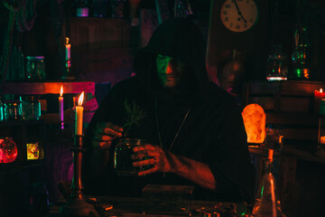 alchemist in a mystical laboratory is brewing a potion