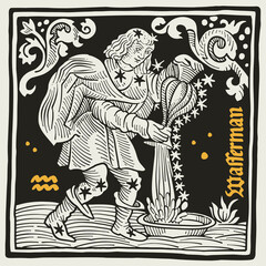 Fototapeta na wymiar Aquarius or Water Bearer Zodiac sign and constellations. Illustration in medieval style with black-letter lettering.