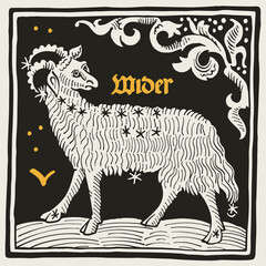 Aries or Ram Zodiac sign and constellations. Illustration in medieval style with black-letter lettering.