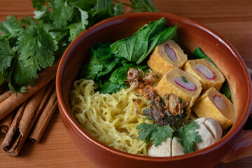 Egg noodles with pork meatballs and vegetables Noodles Thai style