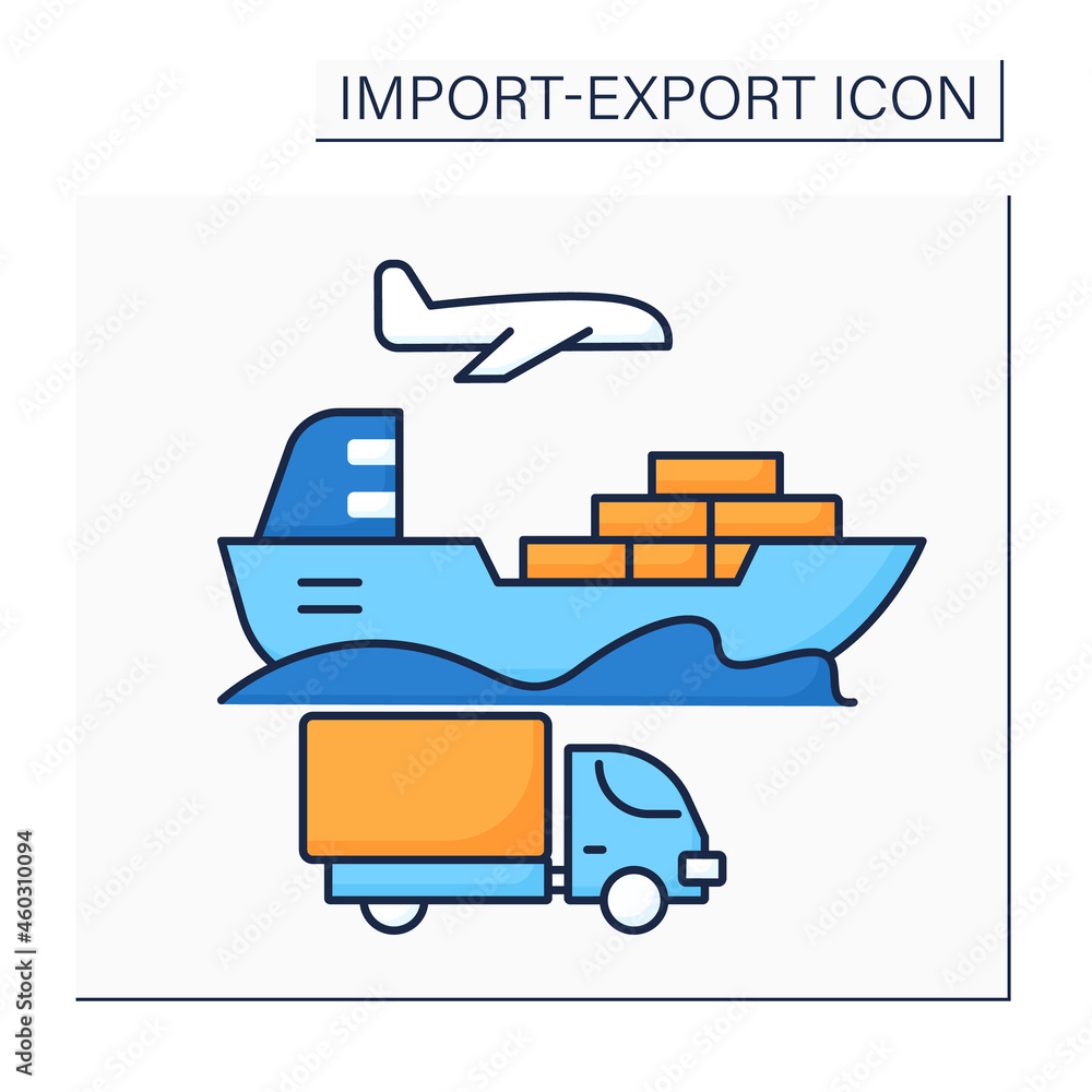 Poster ship color icon. vessel of considerable size for deep-water navigation. import and export concept. i