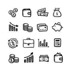 Set of hand drawn money icons in flat design. Collection modern infographic logo and pictogram.