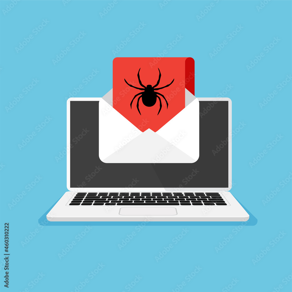 Poster monitor and virus warning on it. hacking mail or computer. spider icon on a display. getting a pirat