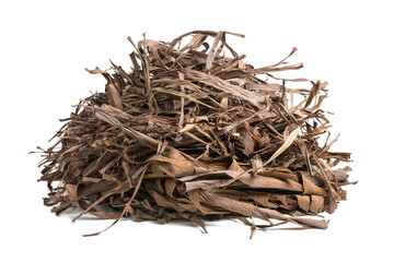 heap of dried banana tree leaves, dead, fallen and discolored leaves to make garden compost,...