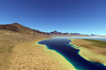 Alien Planet. Mountain and lake. 3D rendering