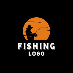 Angler Fishing Silhouette Logo Illustration at Sunset Outdoor