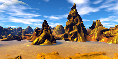 Alien planet. Stone pillars. Butte. 3D rendering