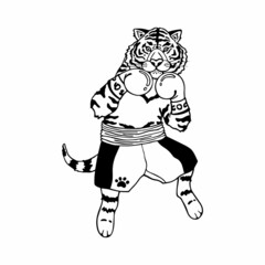 Vector illustration of a tiger boxer. Black and white graphics contour drawing of a boxing tiger isolated on a white background. 