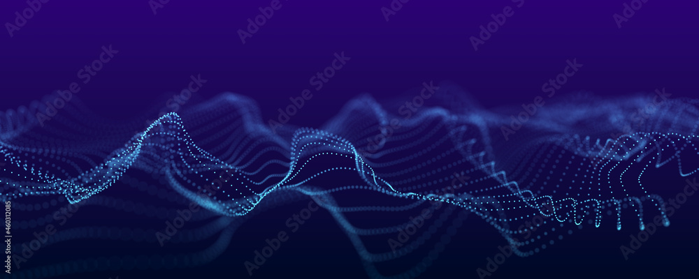 Fototapete Large digital data background. Abstract wave with moving dots. 3d rendering
