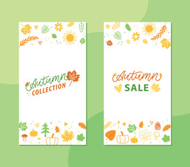 Trendy Set Autumn banners for decoration design Autumn Collection and Sale. Template for any purposes. Hand Drawn Lettering. Vector illustration